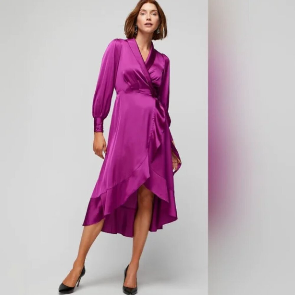 White House Black Market Long Sleeve Satin Ruffle Wrap Dress Size 8